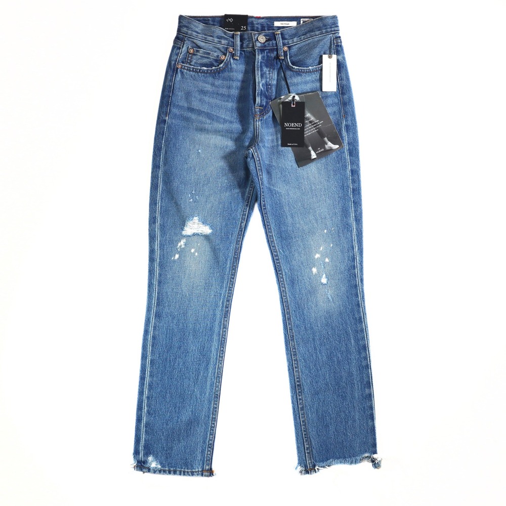NOEND Slim Straight Jeans Womens 25 Blue Distressed High Rise Denim USA‎ NWT